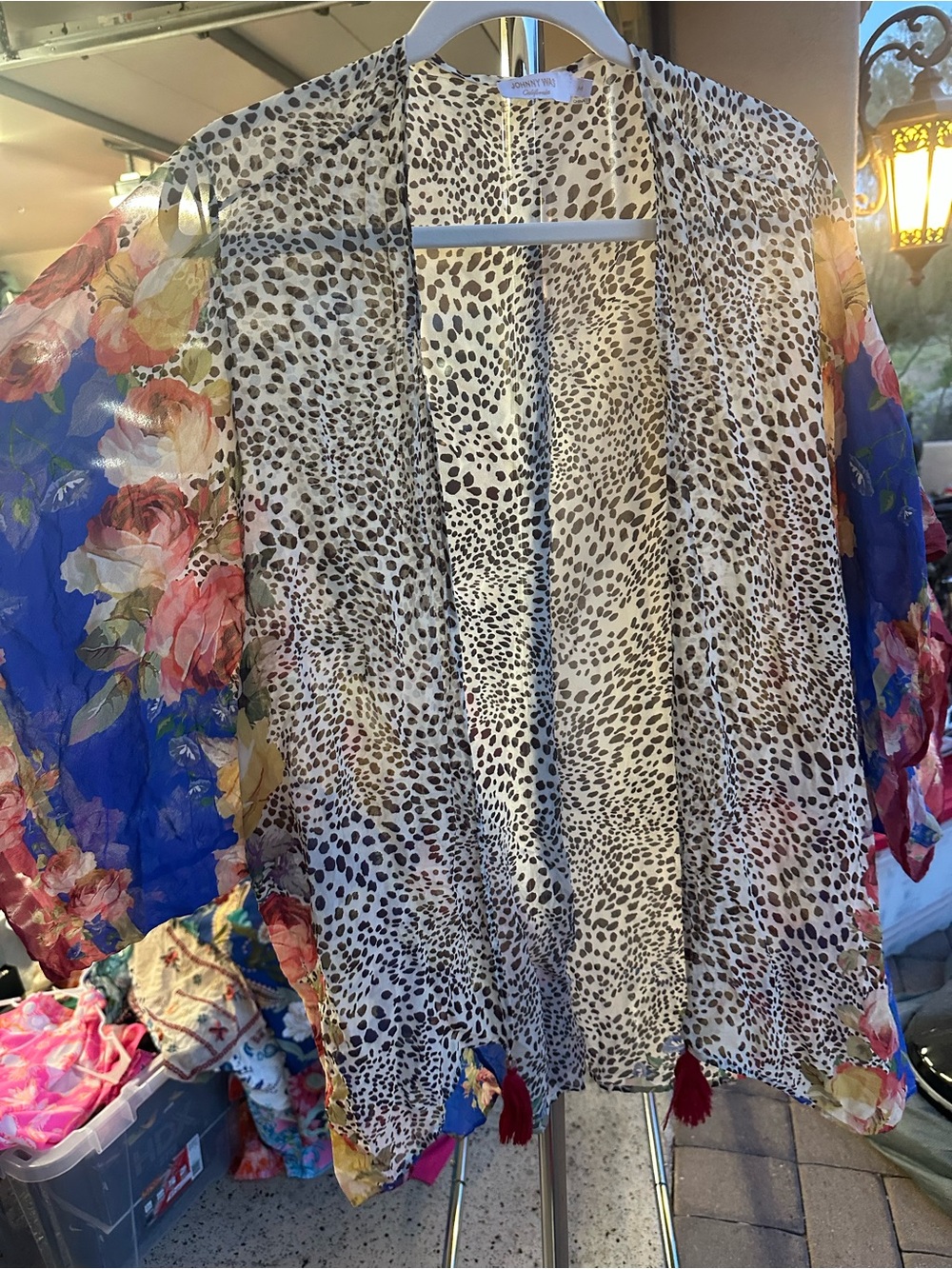Johnny Was Sheer Leopard-Print Kimono in Cream and Brown